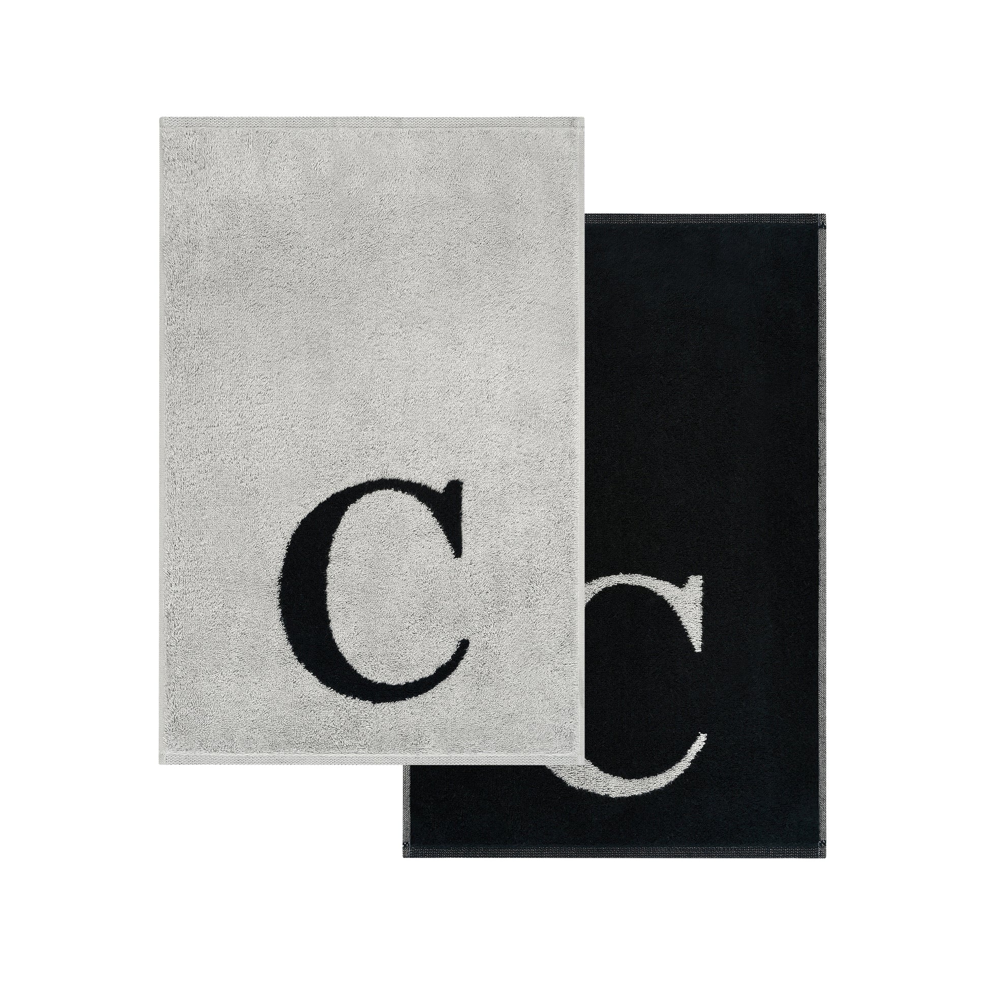2er Set - Kleines Handtuch mit Buchstabe "C" – Silber / Schwarz
