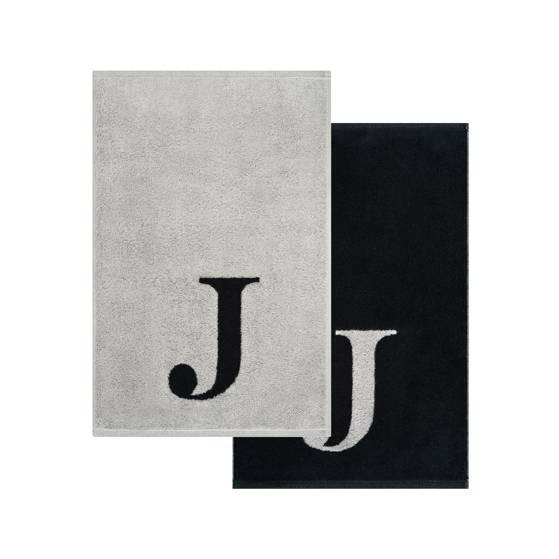 2er Set - Kleines Handtuch mit Buchstabe "J" – Silber / Schwarz