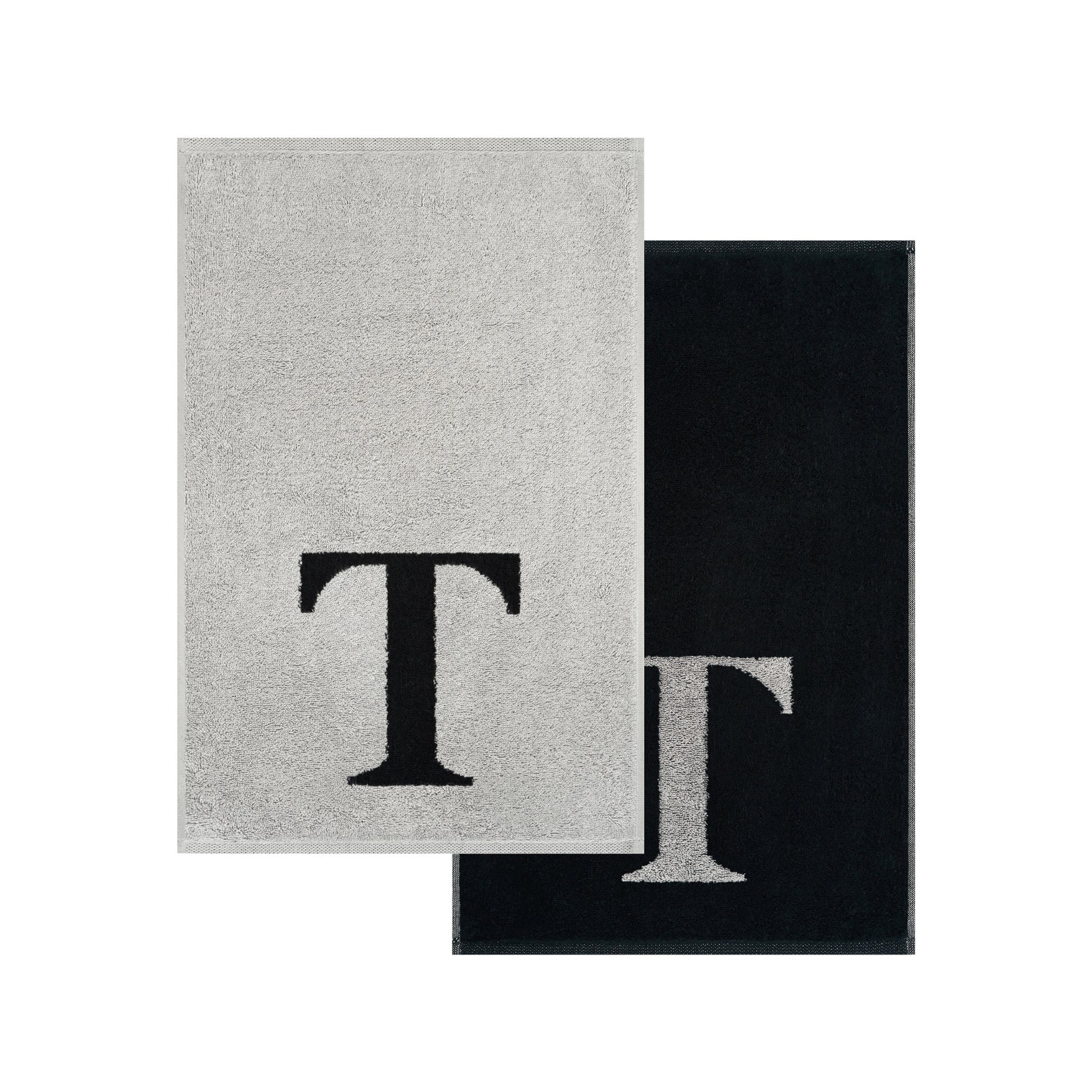 2er Set - Kleines Handtuch mit Buchstabe "T" – Silber / Schwarz