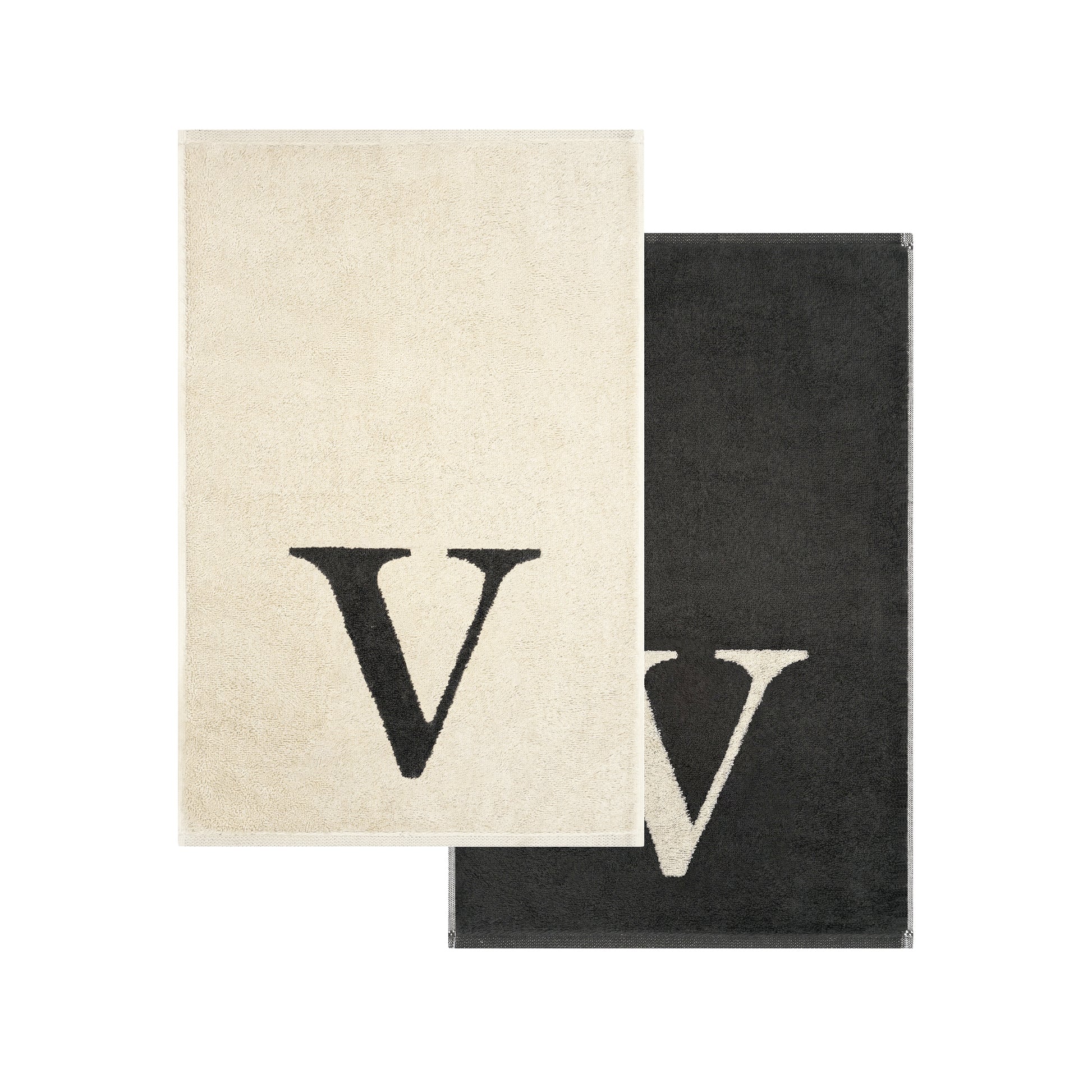 2er Set - Kleines Handtuch mit Buchstabe "V" – Natur / Dunkelgrau
