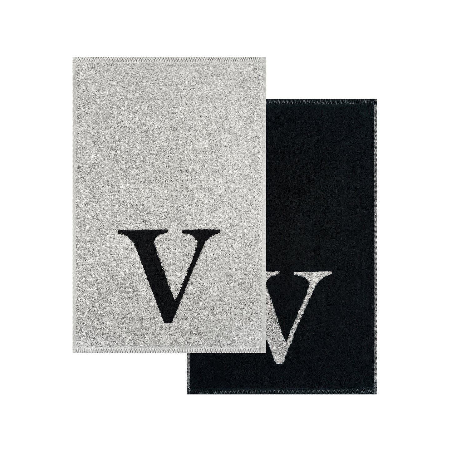 2er Set - Kleines Handtuch mit Buchstabe "V" – Silber / Schwarz