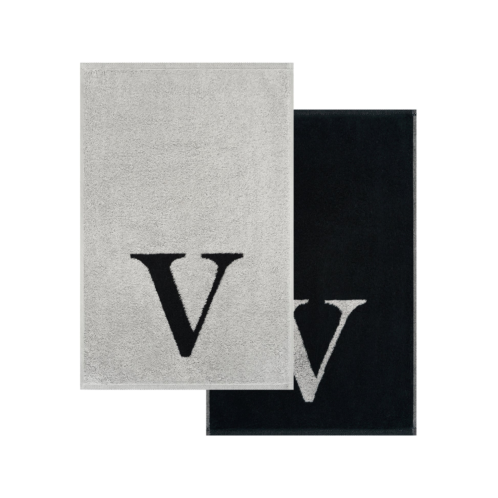 2er Set - Kleines Handtuch mit Buchstabe "V" – Silber / Schwarz