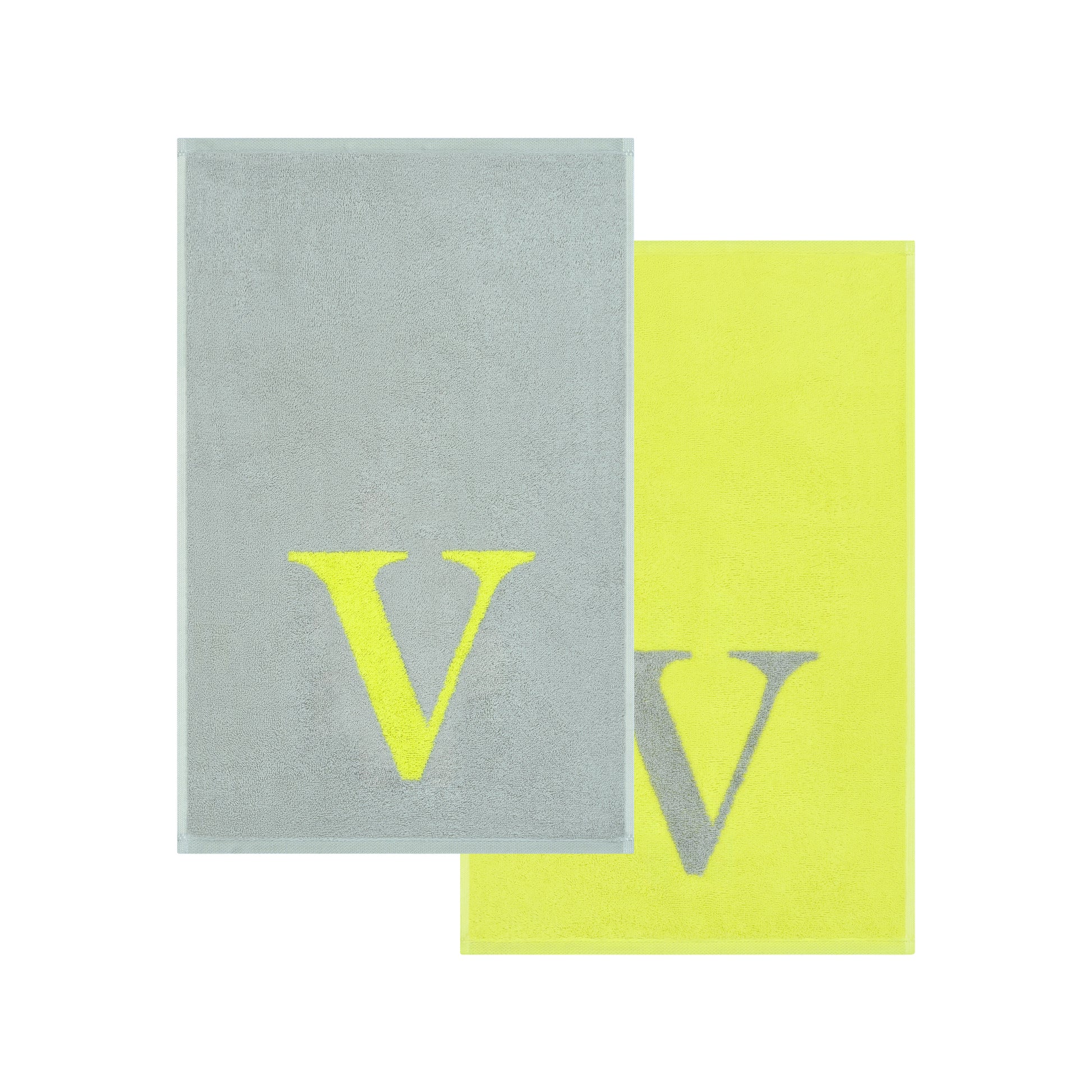 2er Set - Kleines Handtuch mit Buchstabe "V" – Silber / Lime