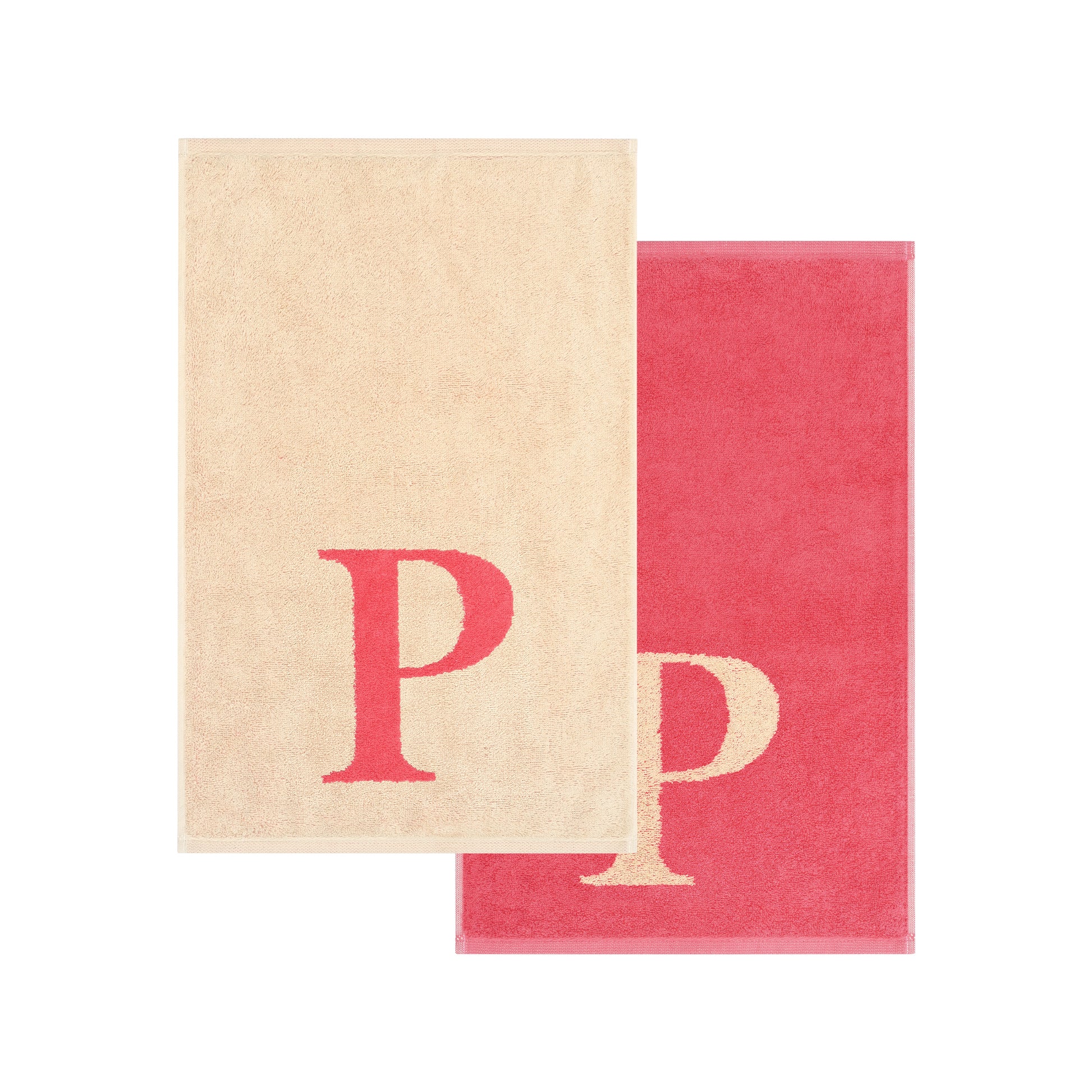 2er Set - Kleines Handtuch mit Buchstabe "P" – Natur / Pink / Orange