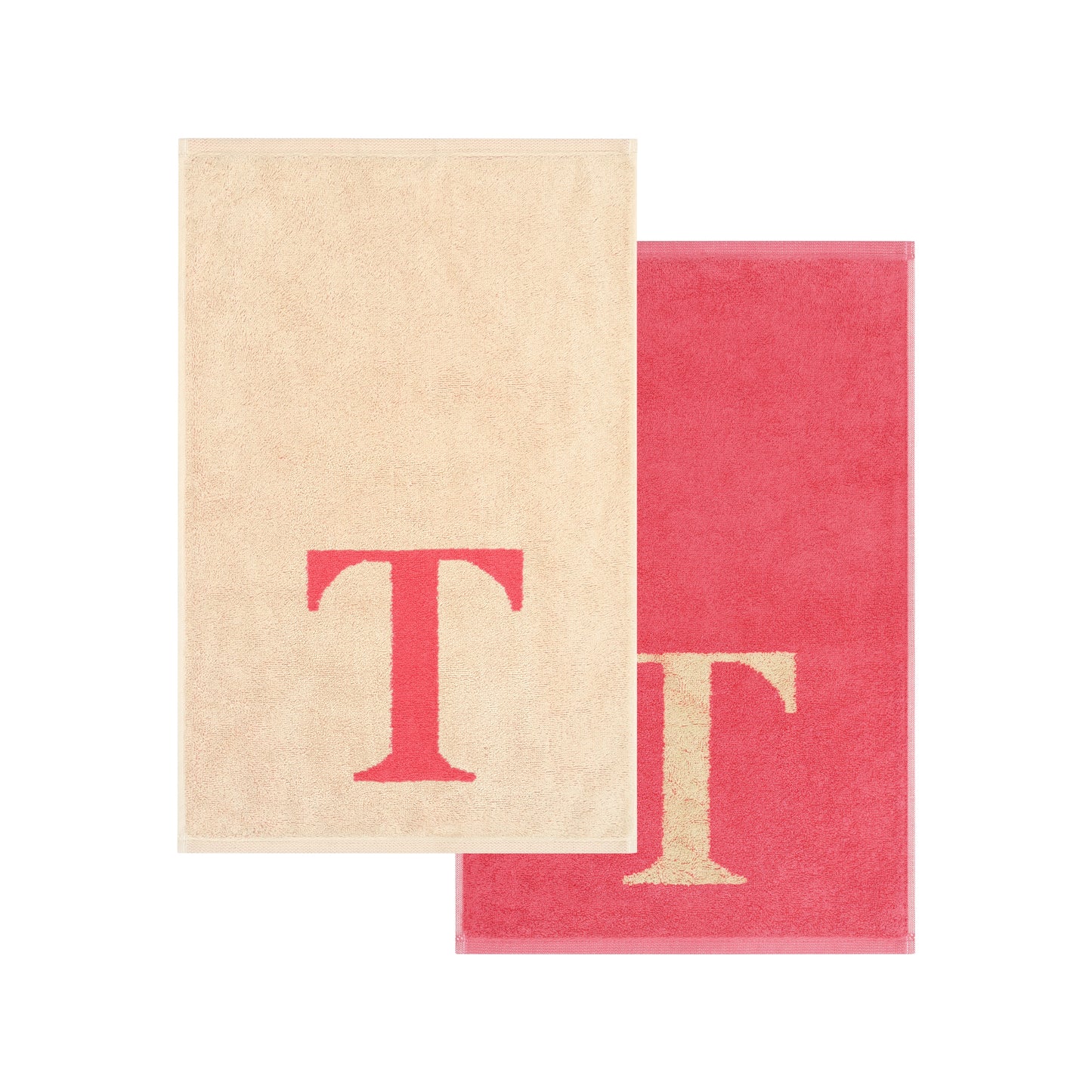 2er Set - Kleines Handtuch mit Buchstabe "T" – Natur / Pink / Orange