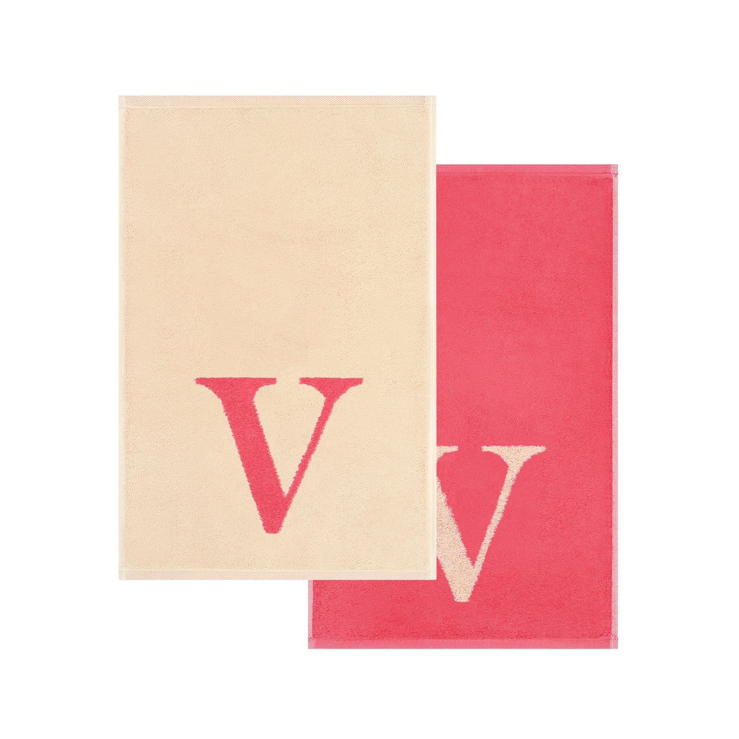 2er Set - Kleines Handtuch mit Buchstabe "V" – Natur / Pink / Orange