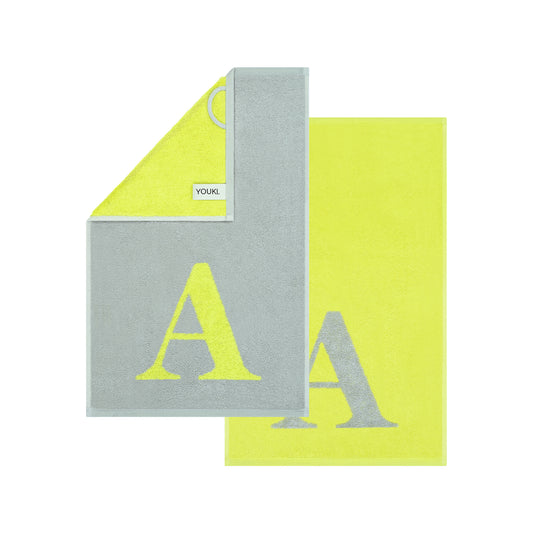 2er Set - Kleines Handtuch mit Buchstabe "A" – Silber / Lime