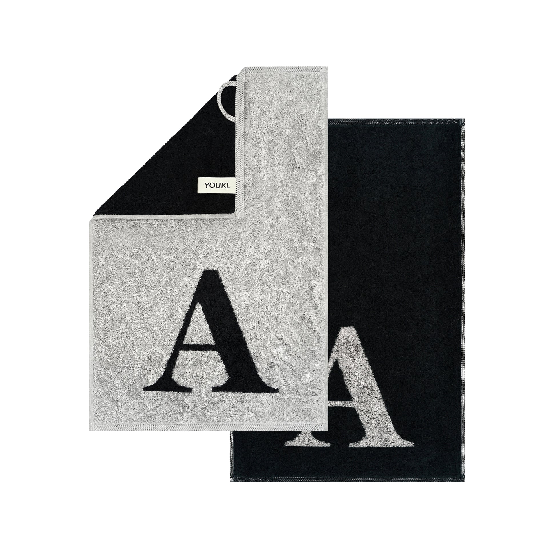 2er Set - Kleines Handtuch mit Buchstabe "A" – Silber / Schwarz