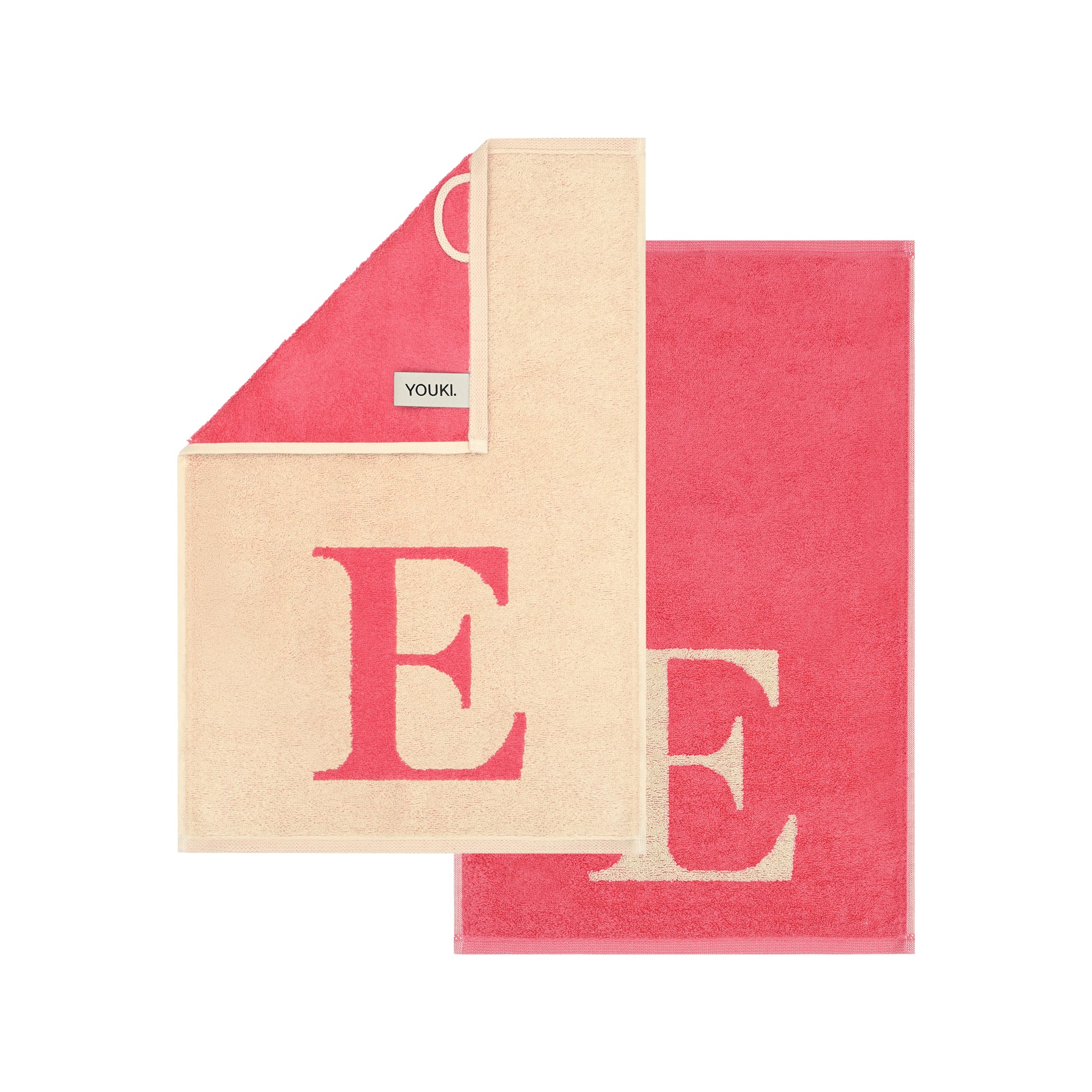 2er Set - Kleines Handtuch mit Buchstabe "E" – Natur / Pink / Orange