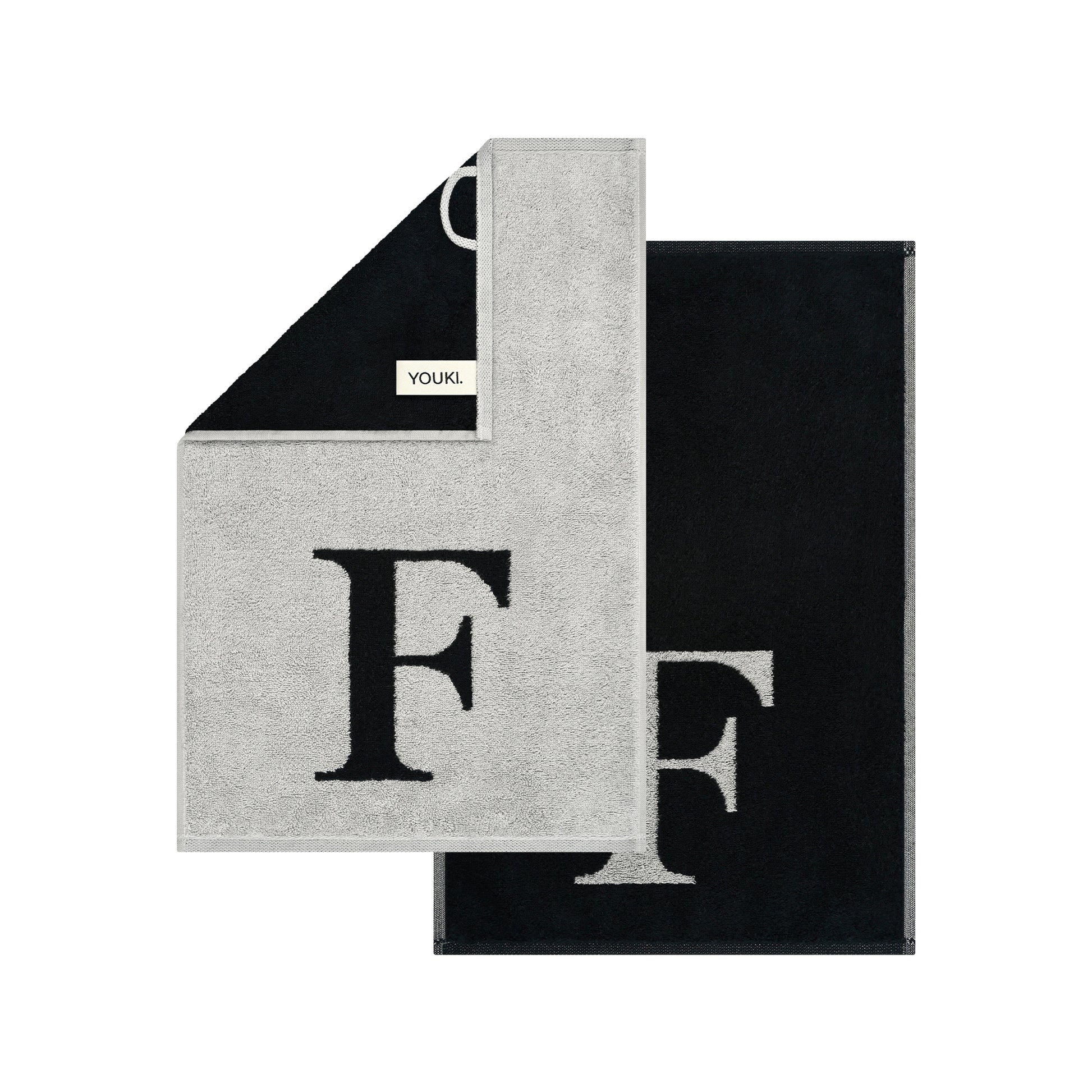 2er Set - Kleines Handtuch mit Buchstabe "F" – Silber / Schwarz