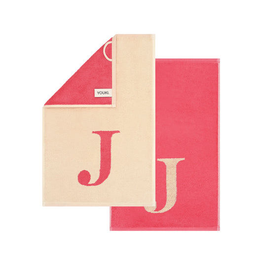 2er Set - Kleines Handtuch mit Buchstabe "J" – Natur / Pink / Orange