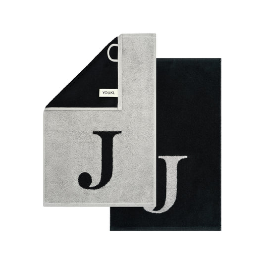 2er Set - Kleines Handtuch mit Buchstabe "J" – Silber / Schwarz