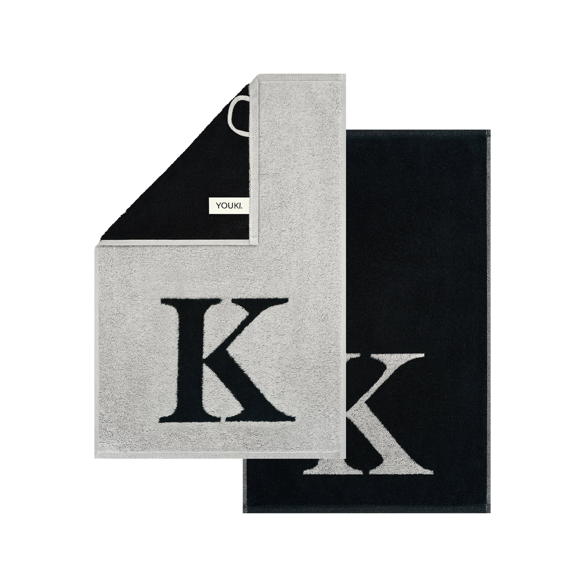 2er Set - Kleines Handtuch mit Buchstabe "K" – Silber / Schwarz