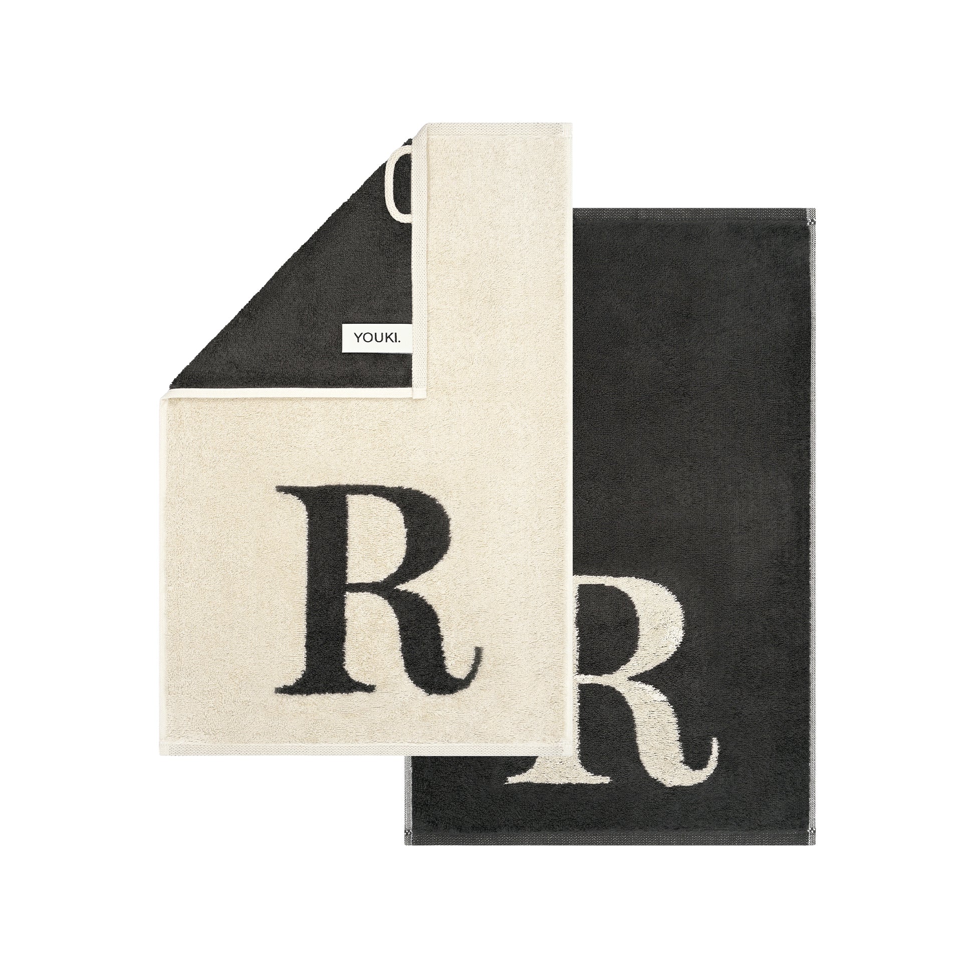 2er Set - Kleines Handtuch mit Buchstabe "R" – Natur / Dunkelgrau