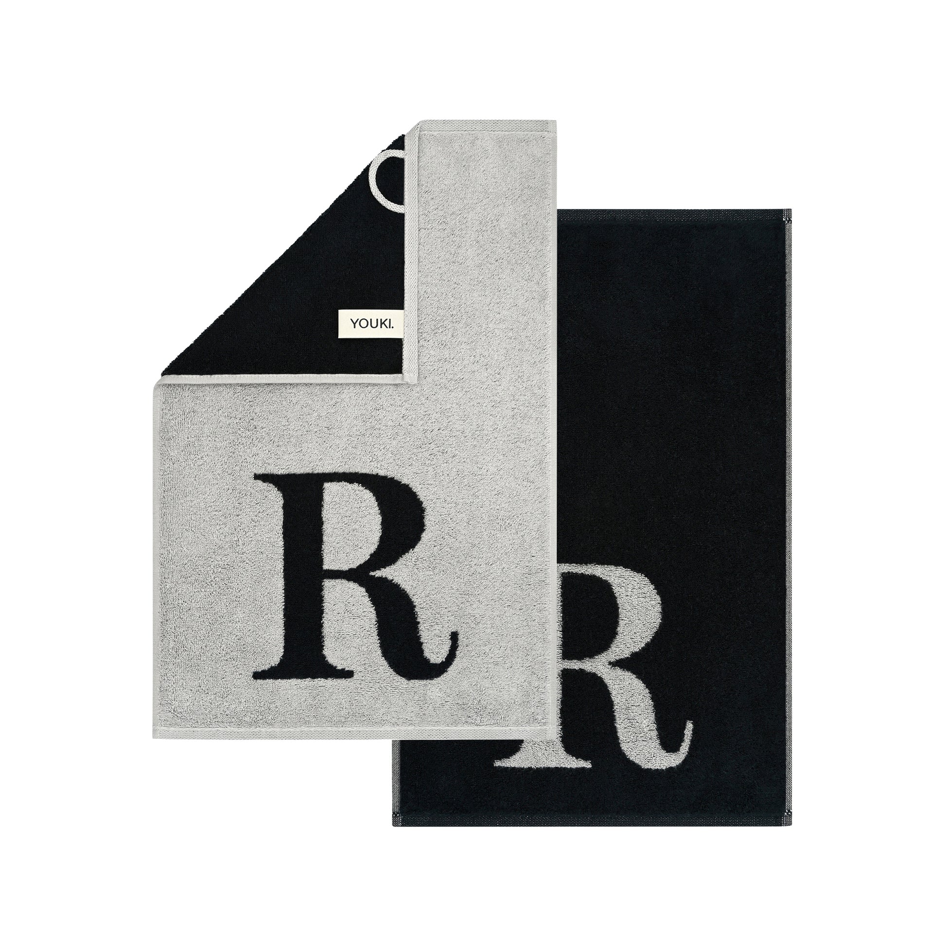 2er Set - Kleines Handtuch mit Buchstabe "R" – Silber / Schwarz