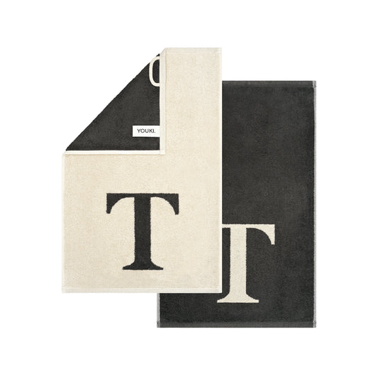 2er Set - Kleines Handtuch mit Buchstabe "T" – Natur / Dunkelgrau