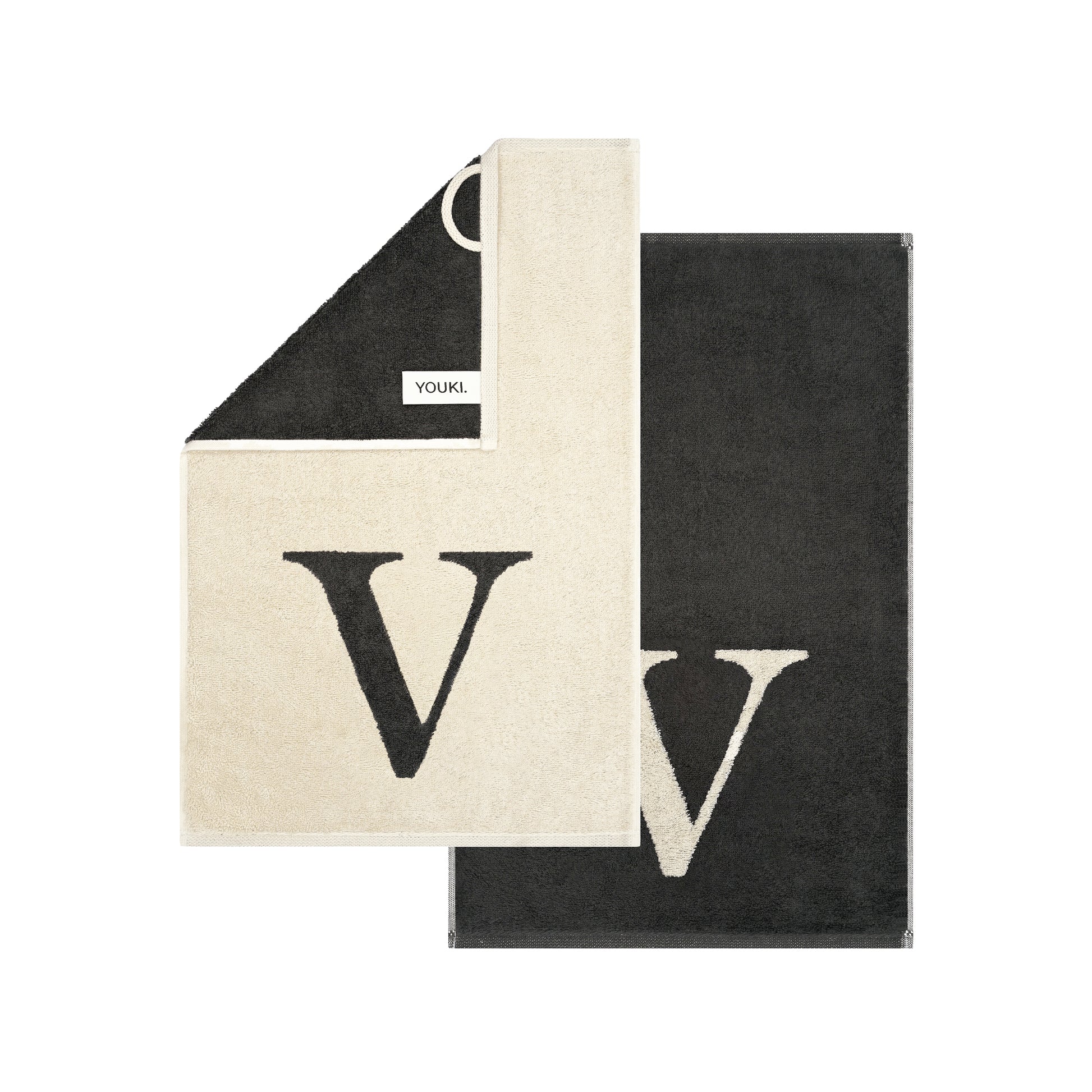 2er Set - Kleines Handtuch mit Buchstabe "V" – Natur / Dunkelgrau