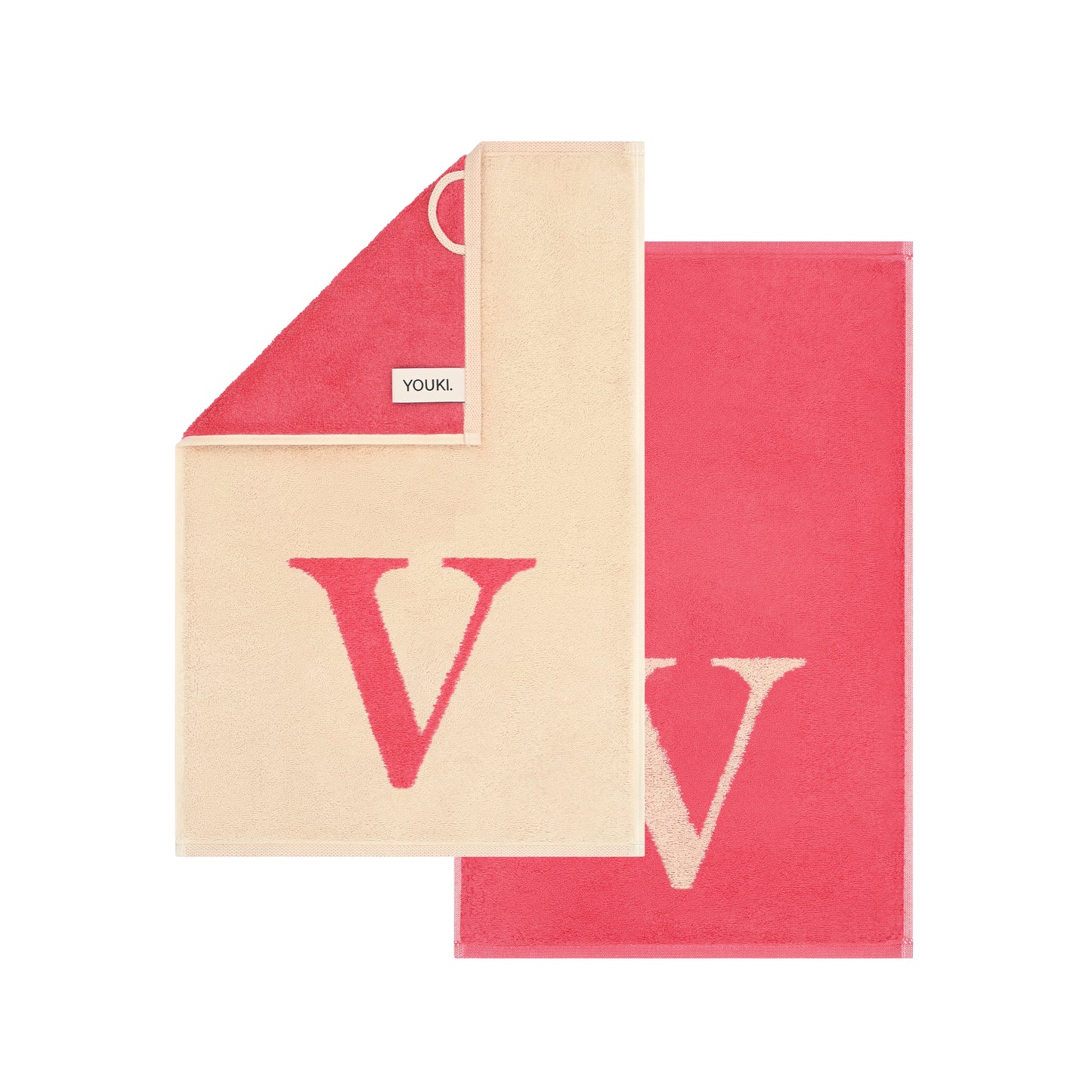 2er Set - Kleines Handtuch mit Buchstabe "V" – Natur / Pink / Orange