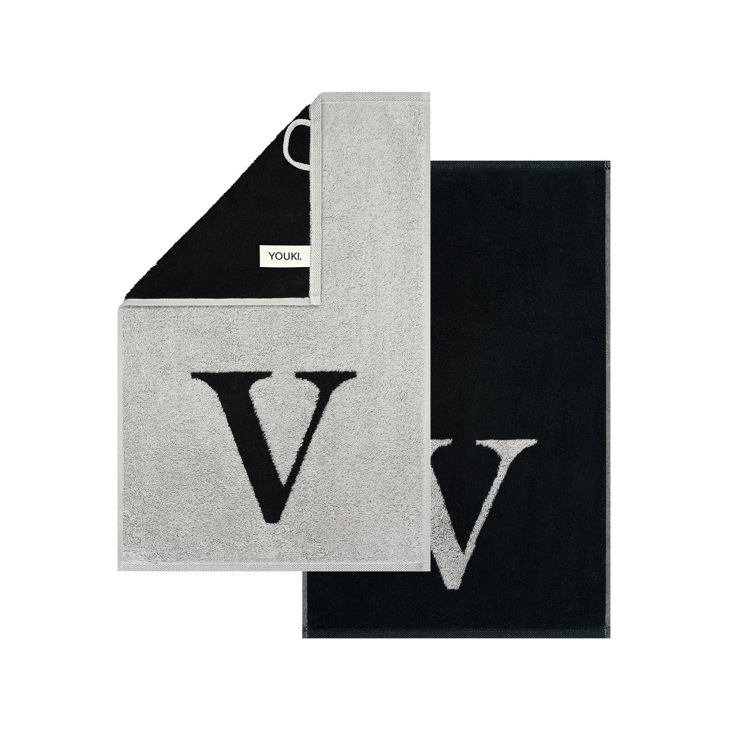 2er Set - Kleines Handtuch mit Buchstabe "V" – Silber / Schwarz