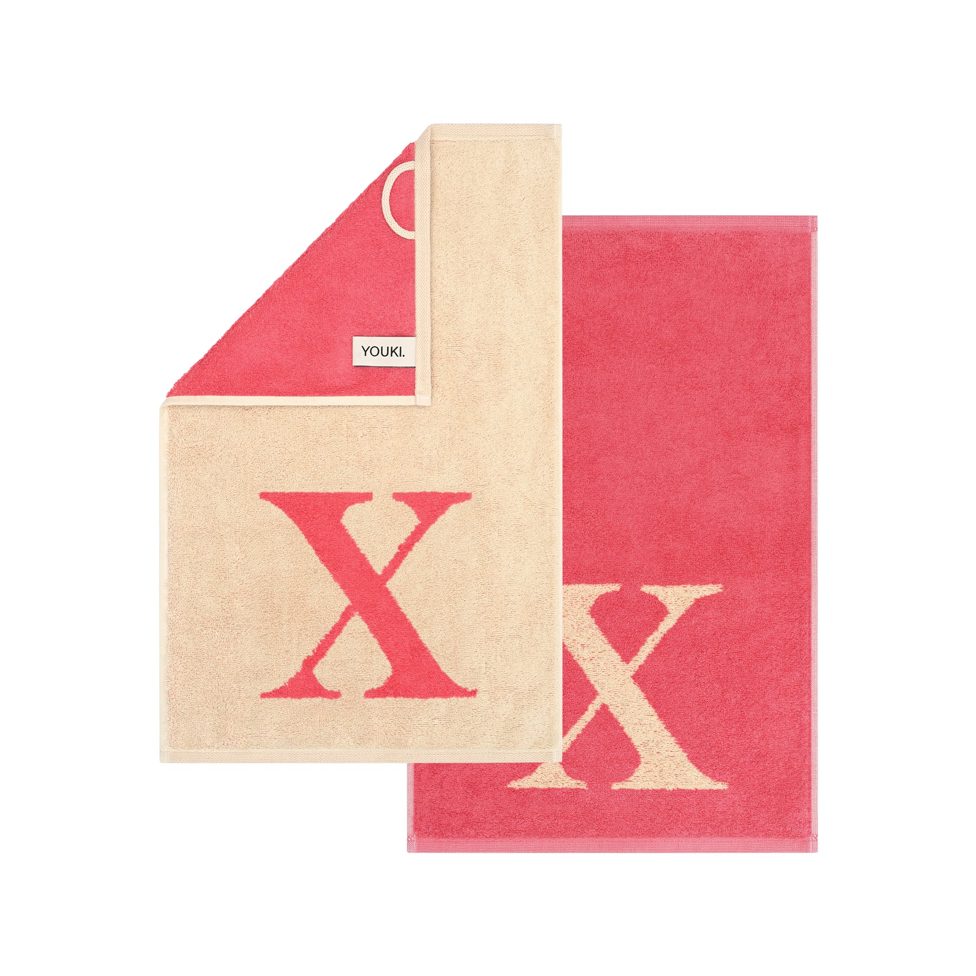 2er Set - Kleines Handtuch mit Buchstabe "X" – Natur / Pink / Orange